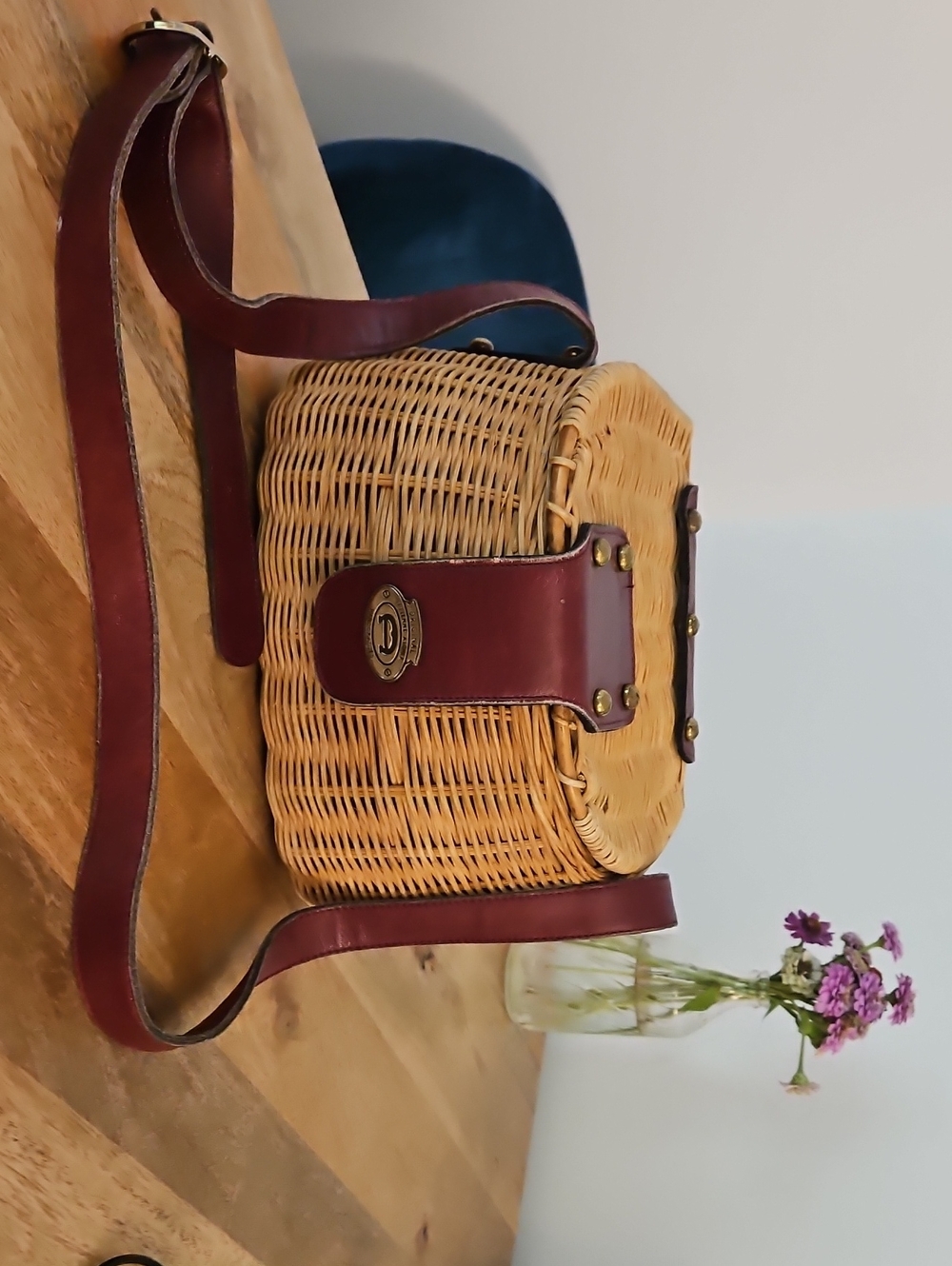 Vintage 50s-70s Etienne Aigner handmade woven wicker creel Bag.